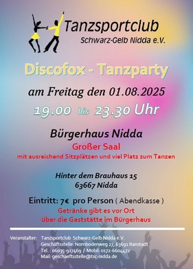 2025-08-01 - (TSC-Nidda) FLYER - Discofox-Party.jpg Discofox-Party am FR, den 01.08.2025 im Bürgerhaus Nidda